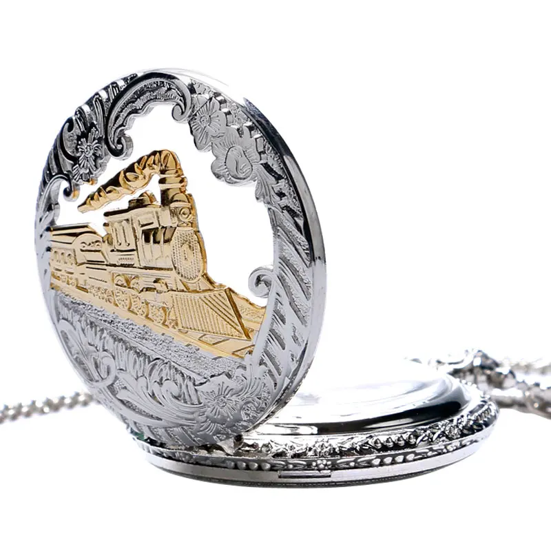 Quartz Pocket Watch Retro Silver Charming Gold Train Carved Openable Hollow Steampunk Men Women Pendant Clock 4