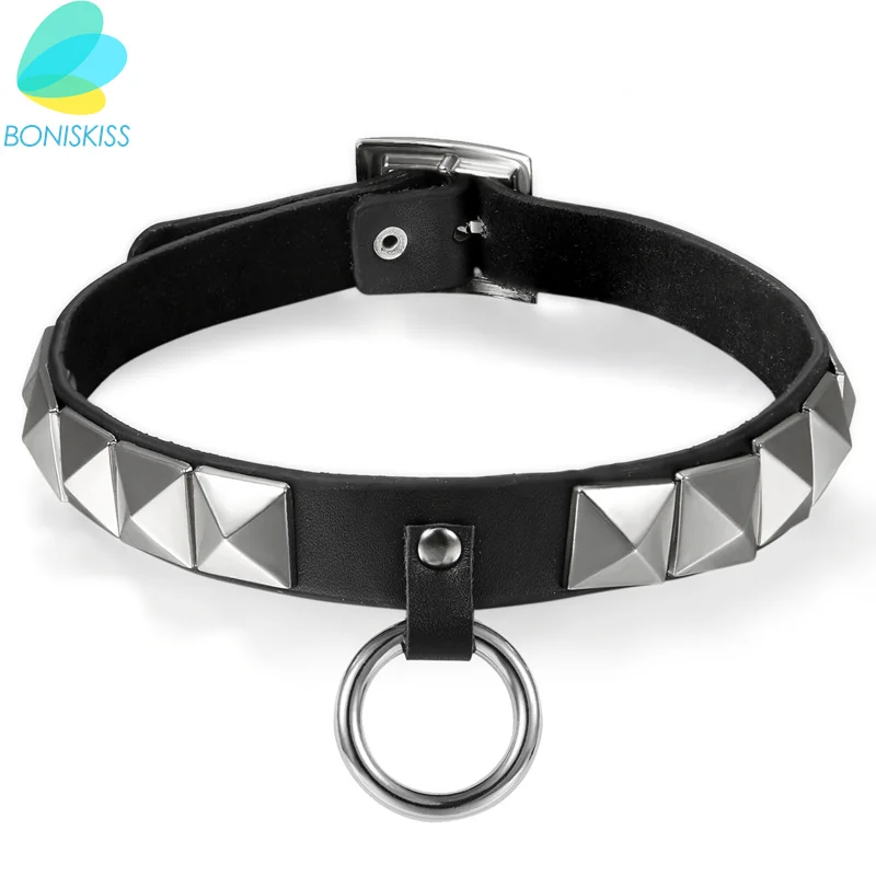 Boniskiss Collar Punk Square Gothic Goth Choker Harajuku Black Leather Neck Buckle Rhombus Rivet Jewelry Necklaces For Women