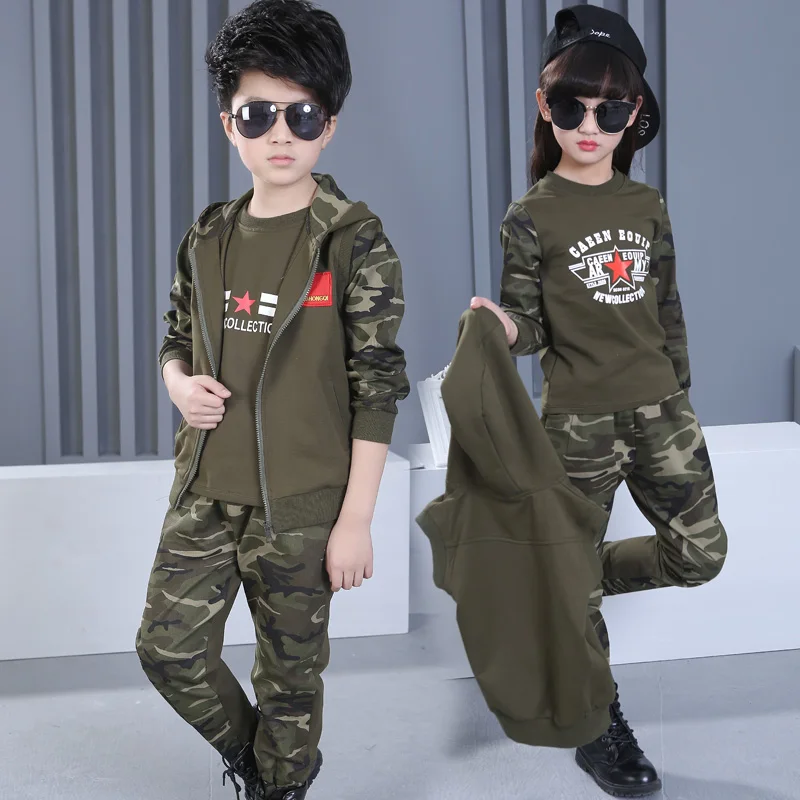 

2018 Spring Fall Hot Children's Army Uniform Boys & Girls Camouflage Clothing Set Kids Vest Coat + Tops + Pants 3 Pcs Suit A203
