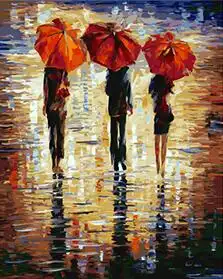 Mahuaf W496 Three People Walking In The Rain Diy Oil Painting By