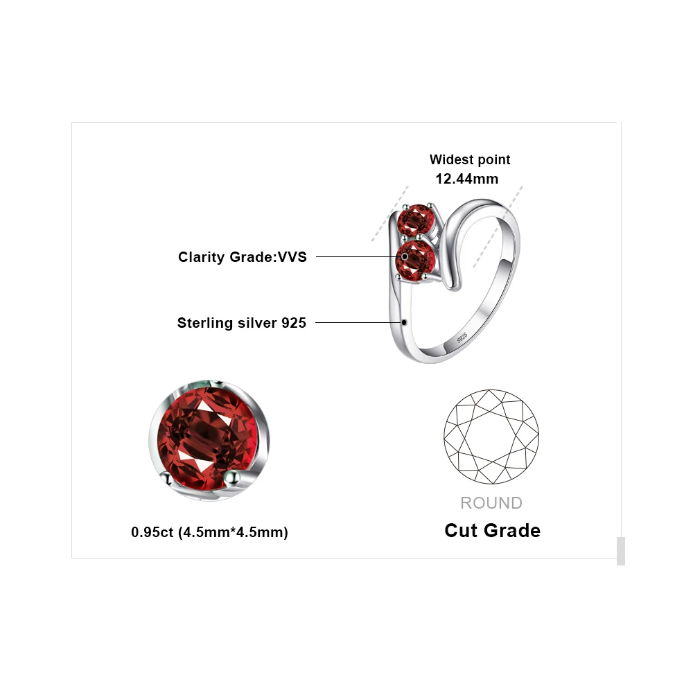 JewelryPalace Fashion 0.95ct Natural Red Garnet 2 Stone Wedding Bands Rings For Love 925 Sterling Silver Round Ring Fine Jewelry