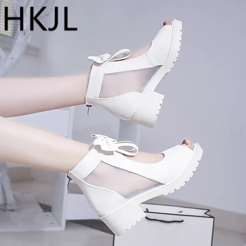 

HKJL 2019 summer new women's sandals Korean version go with bow fish mouth chunky pumps with platform hollowed-out heels A143