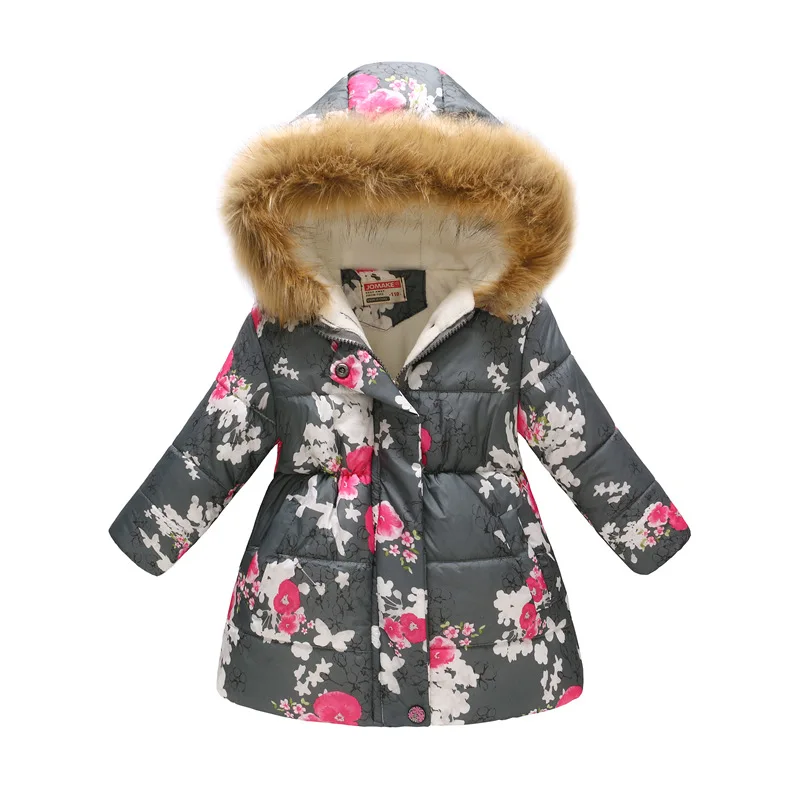 Детская зимняя куртка, теплая хлопковая зимняя куртка для девочек, пальто, верхняя одежда с капюшоном и цветочным принтом, пальто для девочек DC149 - Цвет: Gray flower