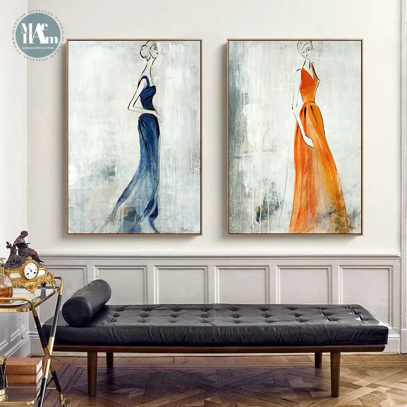 Nordic handpainted Girls wall art Canvas Painting Prints Abstract