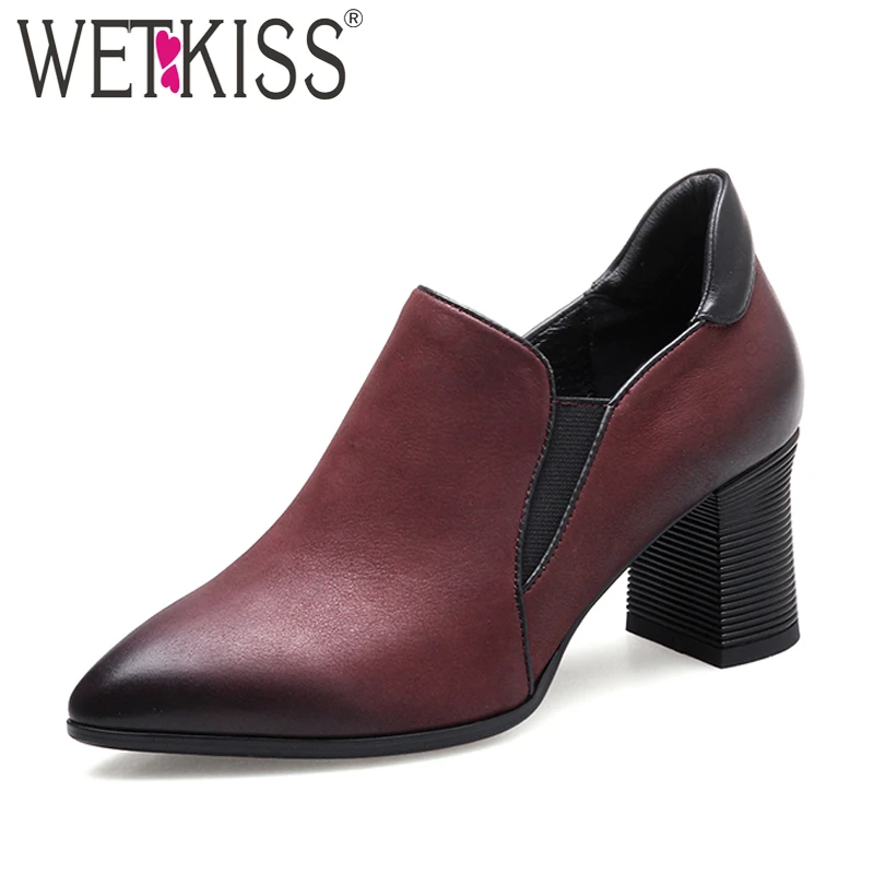 

WETKISS 2018 Genuine Leather Pumps Shoes for Women Pointed toe Zipper Footwear Thick High Heels Shoes Woman Pigskin Liner Pumps