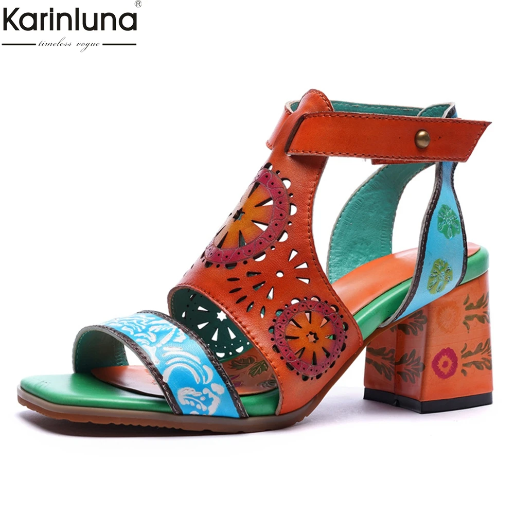 

Karinluna 2019 brand design style big size high heels women shoes genuine leather shoes summer hollow sandals female party shoes