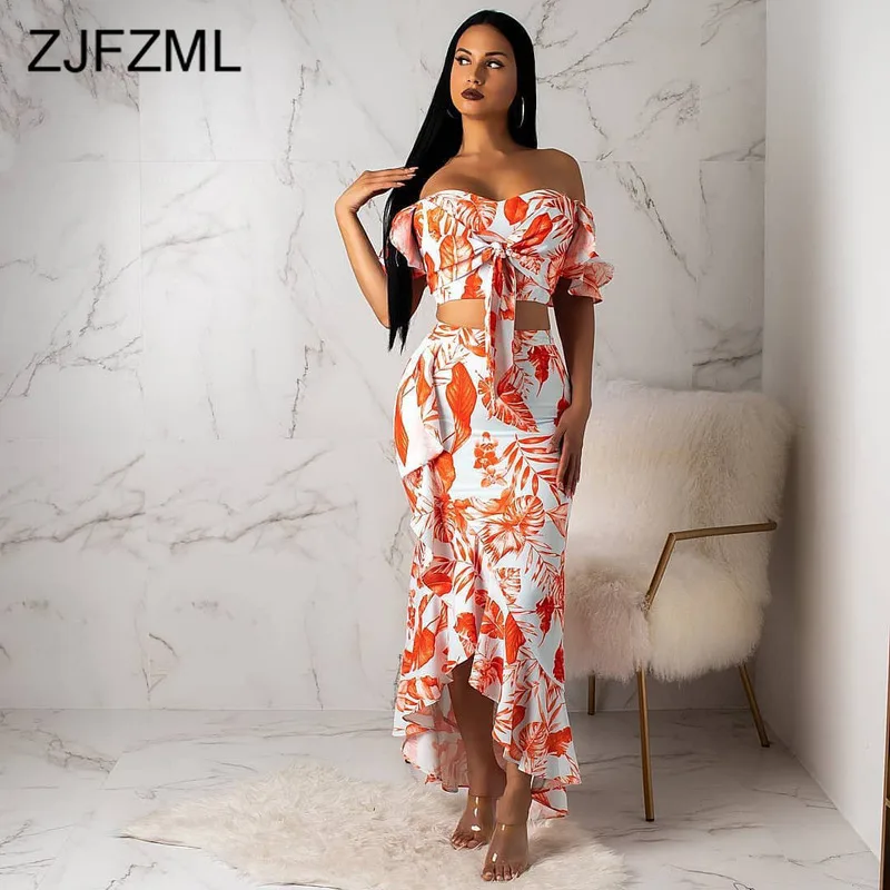 

Orange Leaves Print Two Piece Set Dress Women Slash Neck Short Sleeve Club Party Dress Summer Backless Ruffles Bandage Vestidos