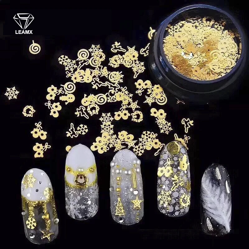 

LEAMX 1box 3D Rhinestones Gold Hollow Sequins Nail Art Decorations Butterfly Heart Snow Christmas Flake Accessories Beauty