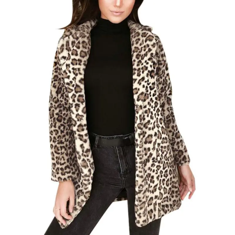 2018 Женское зимнее пальто с отворотом из искусственного меха, теплое сексуальное пальто с леопардовым принтом, модная верхняя одежда с