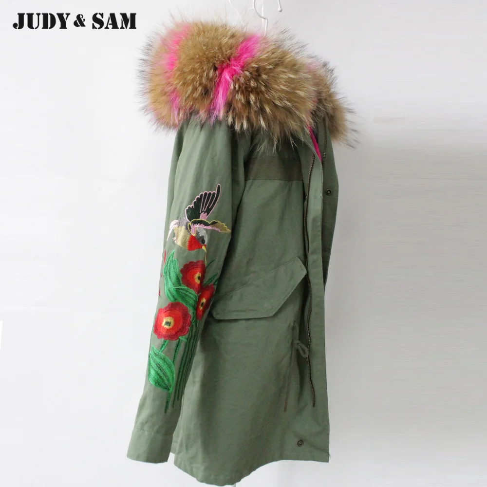 Doublure Bas Fausse Manteau 2018 Femmes Col Grand Coton D'hiver Le Veste Fourrure Capot Pic Raton Brodé Laveur Véritable Vers Color Oversize Pour Parka De En 0x0qz7O