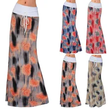 Женская юбка Повседневная Эластичная Бохо Цветочная печать ягодицы пляж лук шнуровка ремень рыбий хвост длиной до щиколотки юбка Vestido impresso