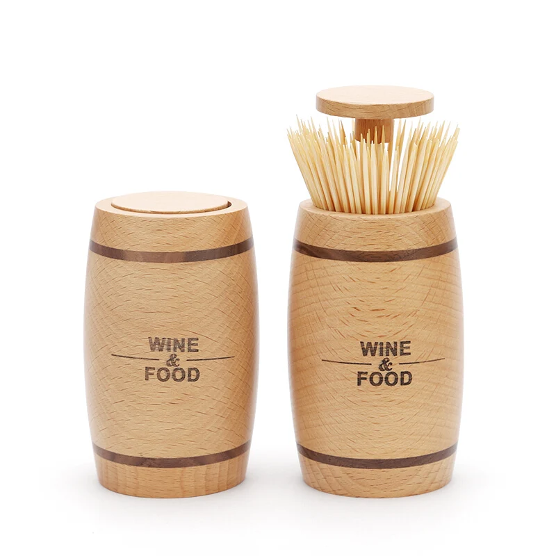 Solid Wood Toothpick Holder Wine Barrel Creative Home Push type