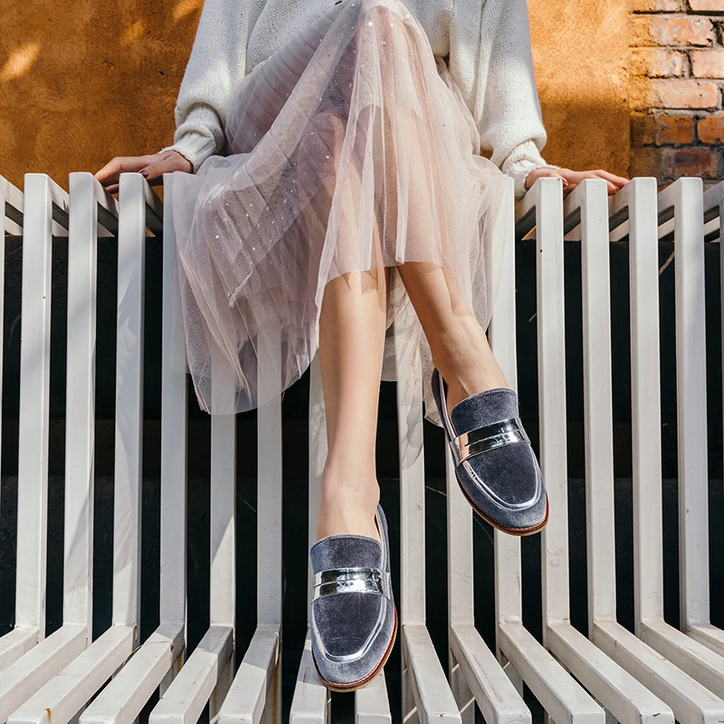 ISNOM Pleuche женская обувь на плоской подошве с квадратным носком кожаные модные женские лоферы Повседневная Удобная обувь 2019 Весна