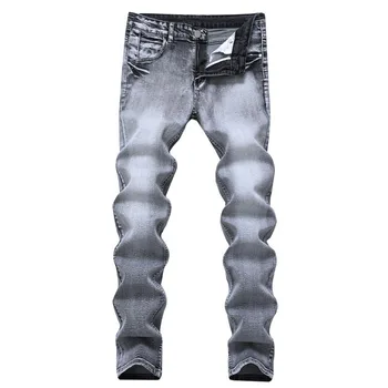 

2019 hot men fashion light gray elastic jeans repair straight tube nostalgic men's casual cowboy trousers