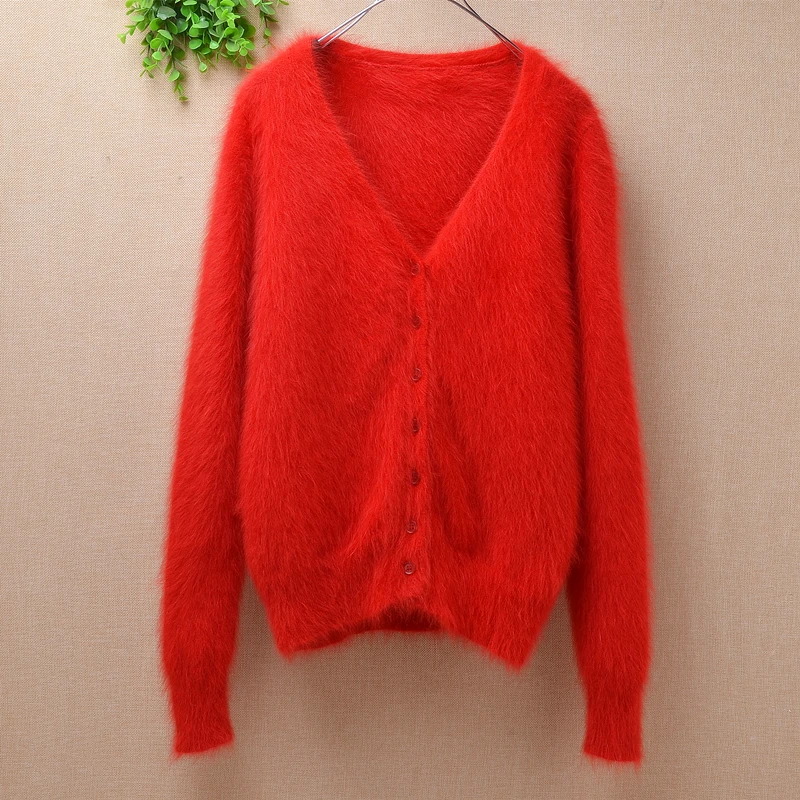 Ladies women autumn red christmas small size plush angora rabbit fur knitted V-neck long sleeves cardigans sweater coat winter |