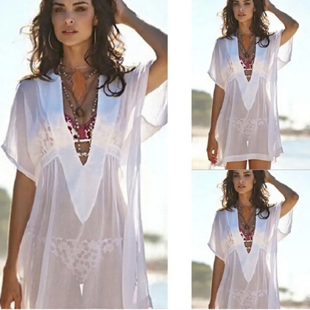 New Fashion Women Deep V-neck Solid Mesh Through Front See None Bikini Cover Thigh Length Up Beach |