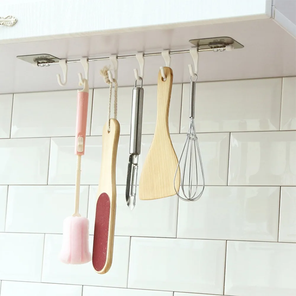 Hot Self Adhesive Towel Hanger With 6Removable Hooks Stainless Steel