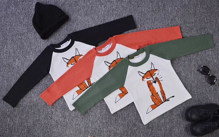 

Europe fashion autumn children's Cotton Tee shirt for kids boys tops long sleeve fox pattern bobo style clothes high quality