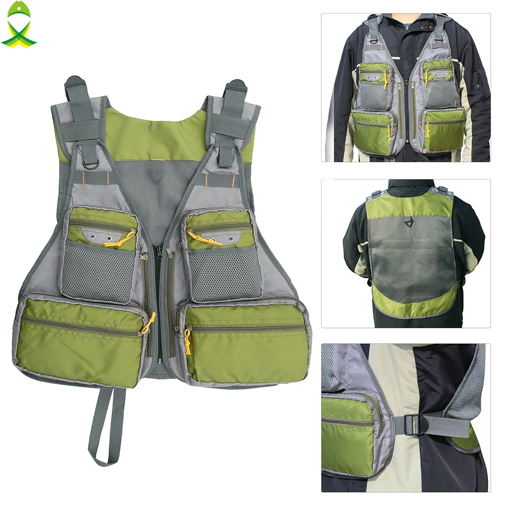 JSM Army Green Fishing Vest adjustable Size Multi Function Mutil Pocket mesh Outdoor Fly Fishing