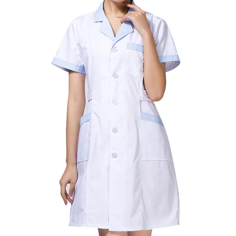 Женское лабораторное пальто с короткими рукавами, рабочая одежда для медсестры, медицинская Униформа(синий воротник/голубой воротник