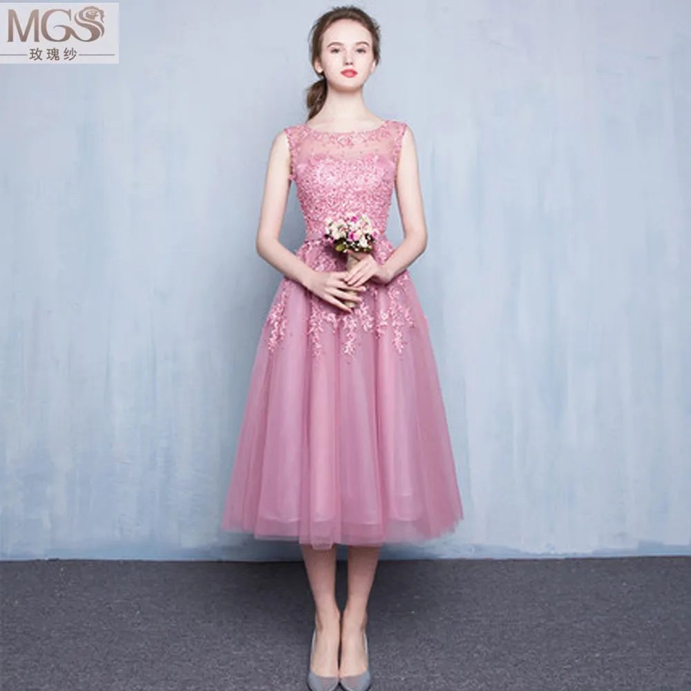 2016 MGS A-Line Scoop Tea-Length Crepe Stylish Bridesmaid Dresses Appliqued Beading Pearls Sexy See Through Back Bridal Gown |