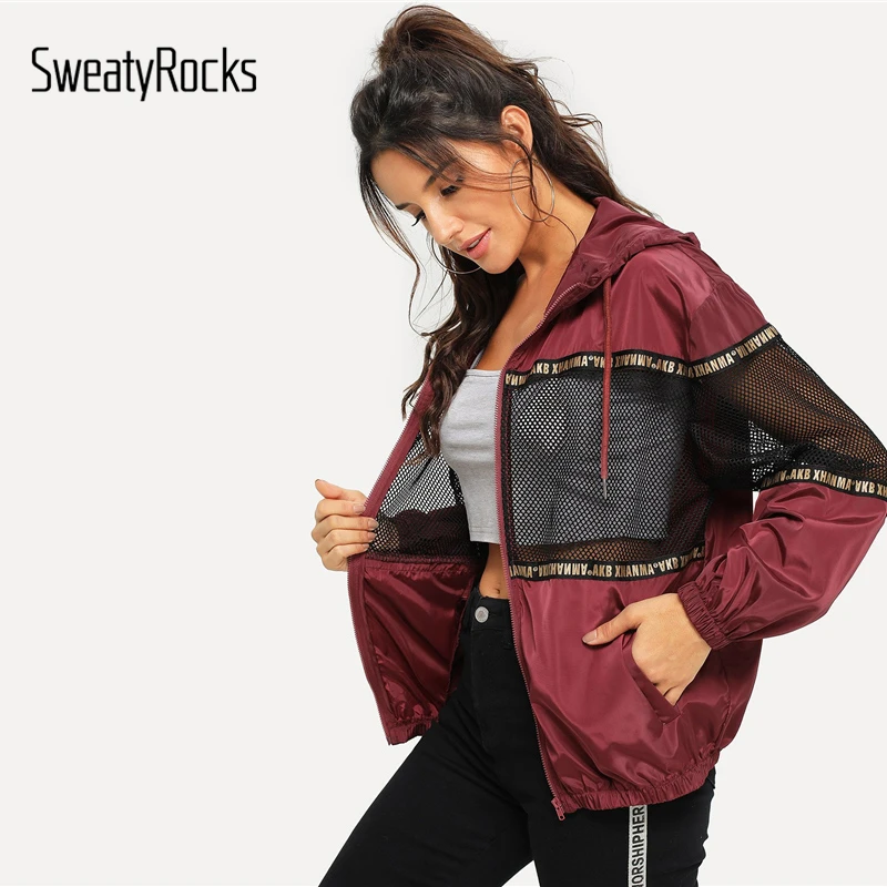 SweatyRocks Burgundy Athleisure Mesh Insert Drawstring Hooded Windbreaker Jacket 2018 Women Autumn Casual Overcoat And Tops