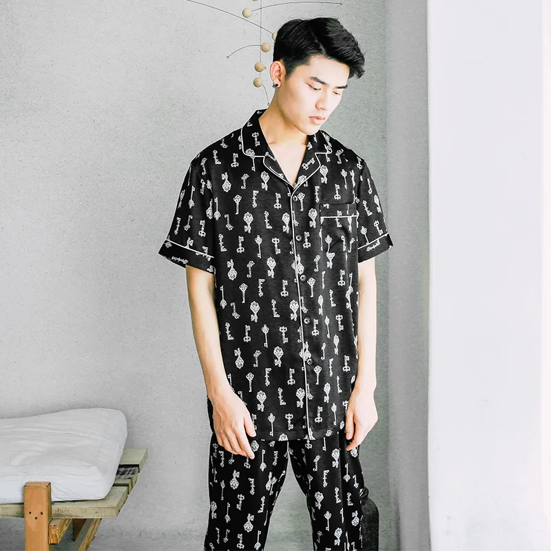 High grade new satin silk pajamas set, printed, casual men's summer silk short sleeved pyjama set with trousers, home loungewear