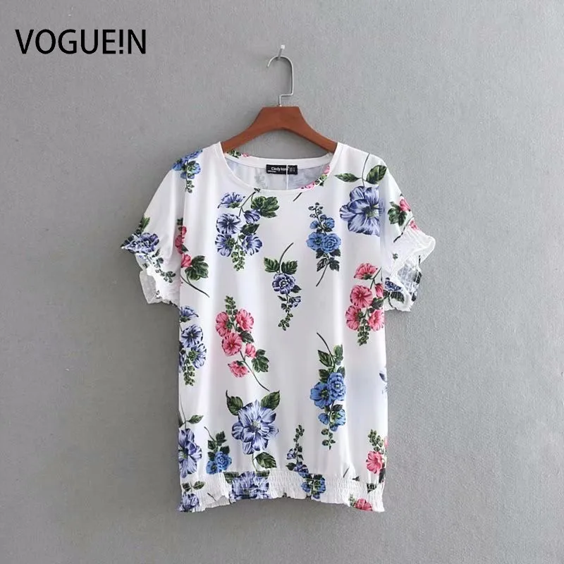 VOGUEIN New Womens Floral Print Short Sleeve Elastic Hem