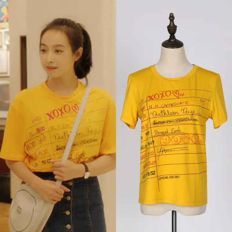 

Spring Star Song Qi's TV Series of The Same Pure Cotton Personality Printed Round Collar Yellow T-shirt Women T-shirt Clothes