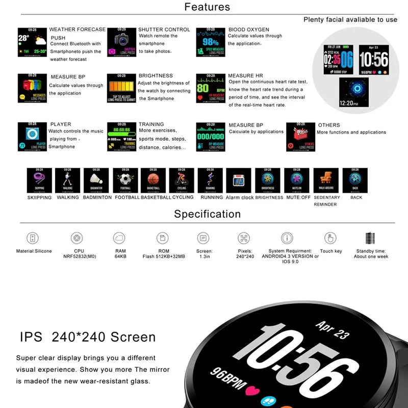 Greentiger V11 Smart Watch Fitness Tracker Heart Rate Monitor Smart Band IP67 Waterproof Sport Prdometer Alarm Clock Smartwatch
