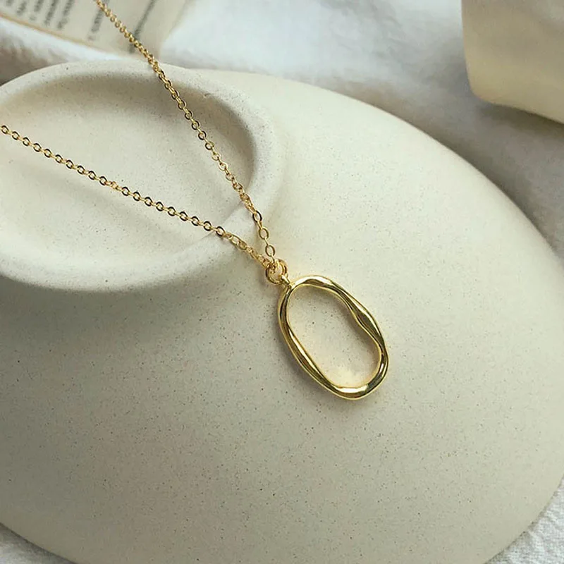 

European Simple Gold Coated S925 Sterling Silver Chain Geometric Irregular Oval Pendant Choker Necklace for Women Party Jewelry
