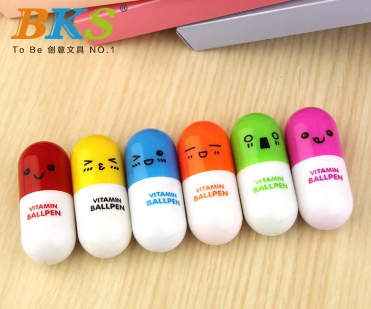 

Free shipping Lovely Smiling Face Kawaii Pill Ballpoint Pen Cute Novelty Retractable Gift Vitamin Capsule Pill Pens 6Pcs/lot