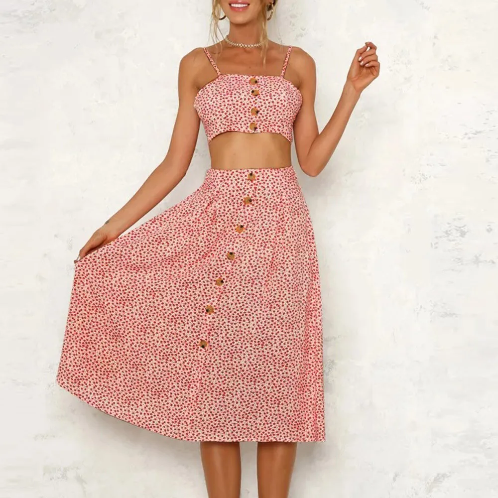 

Women dress Sexy Womens Casual Strappy Printed Dresses lace-up Tank Two-Piece Sling Long Sets Dress 2018