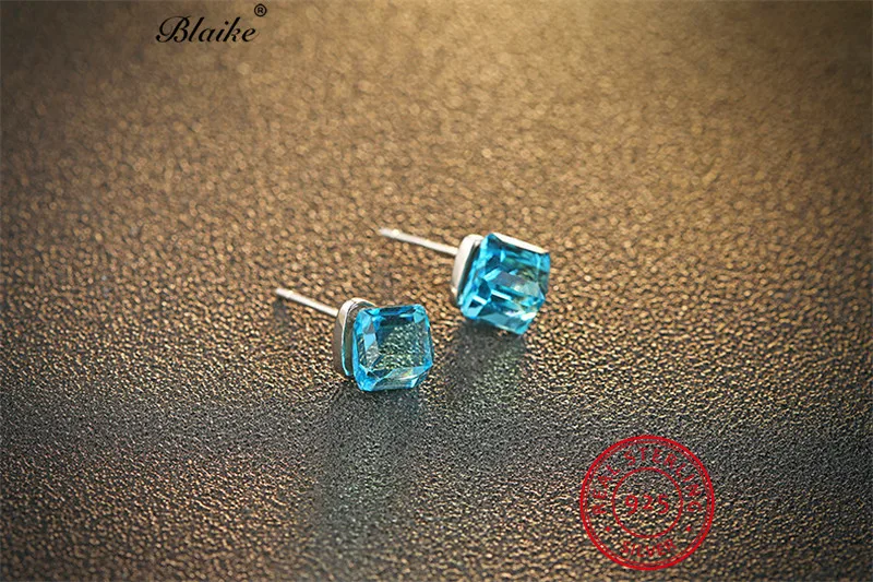 Blaike Mystic Rainbow Fire Topaz Crystal Square Stud Earrings For Women Real 925 Sterling Silver Gradient Earrings Fine Jewelry