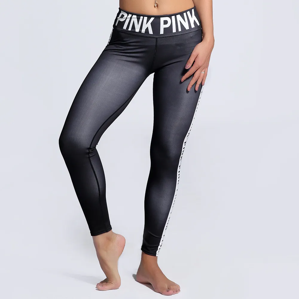 

Women Flexible Pink Word Stripe Print Tight Pants Workout Gym Training Running Yoga Sport Fitness Exercise Leggings Dropshipping