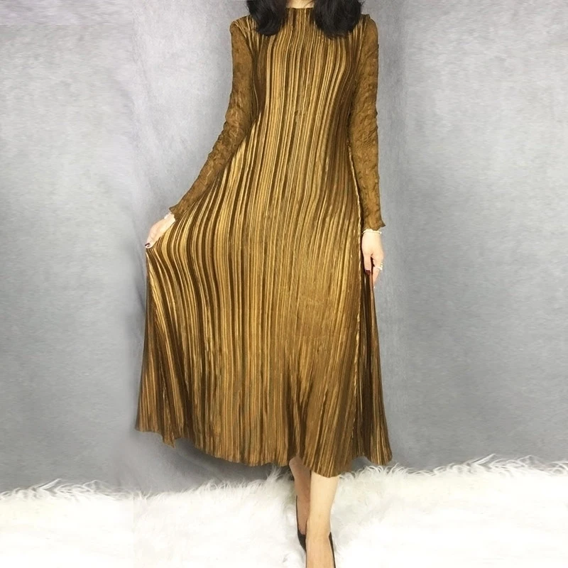 

LANMREM High Quality 2020 New Fashion Lace Full Sleeve Patchwork Round Collar Pleated Female's Long Type Dress Vestido YE699