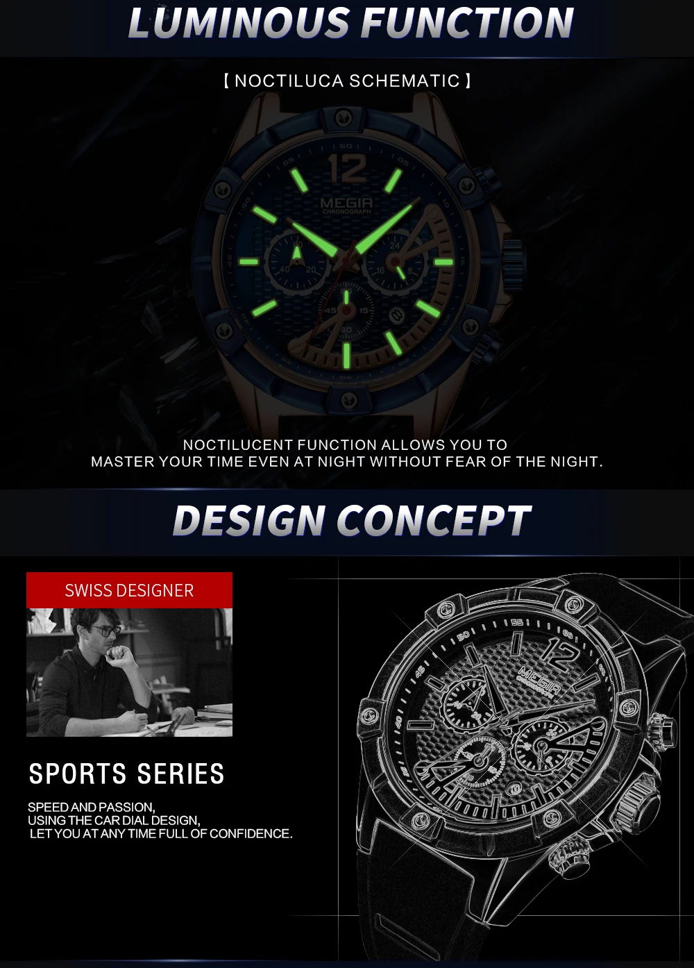 Megir Роскошные Лидирующий бренд хронограф кварцевые часы для мужчин черный синий силиконовый ремешок Спортивные наручные часы для мальчика секундомер