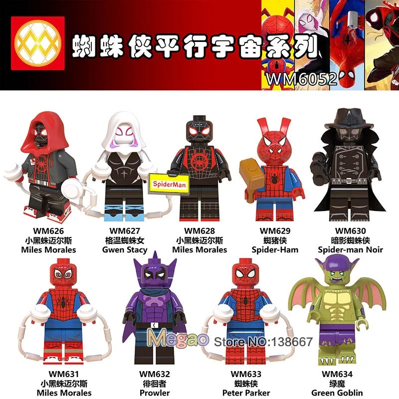

50pcs/lot Legoings super hero Green Goblin Ghost Spider Spider-Ham Prowler Ultimate Spiderman Into the Spider-Verse Bricks Toys