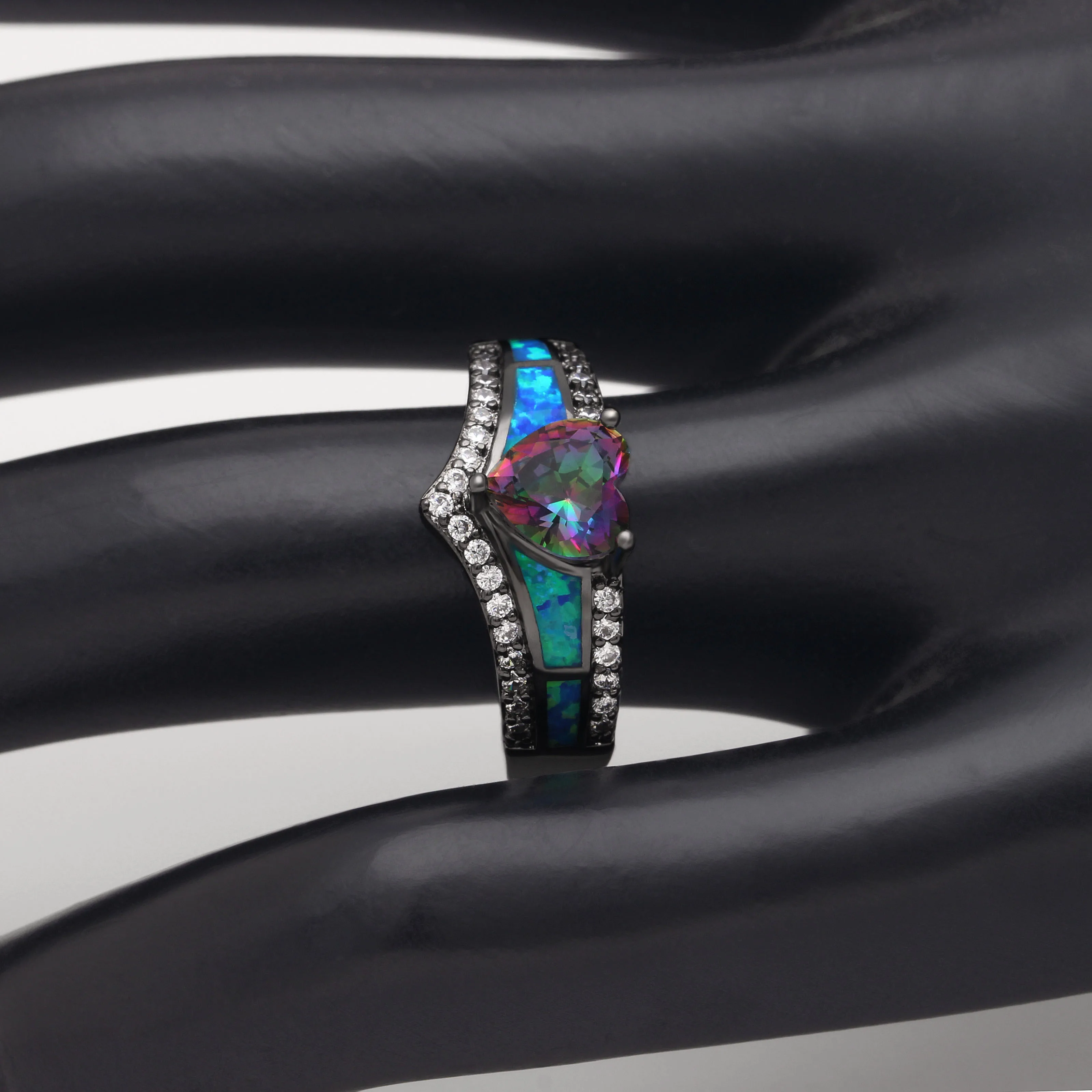 Love Heart Purple Fire Opal Ring Black Gun Wedding Engagement Ring For Women Lady Couple Promise Ring Purple Zircon Accessories