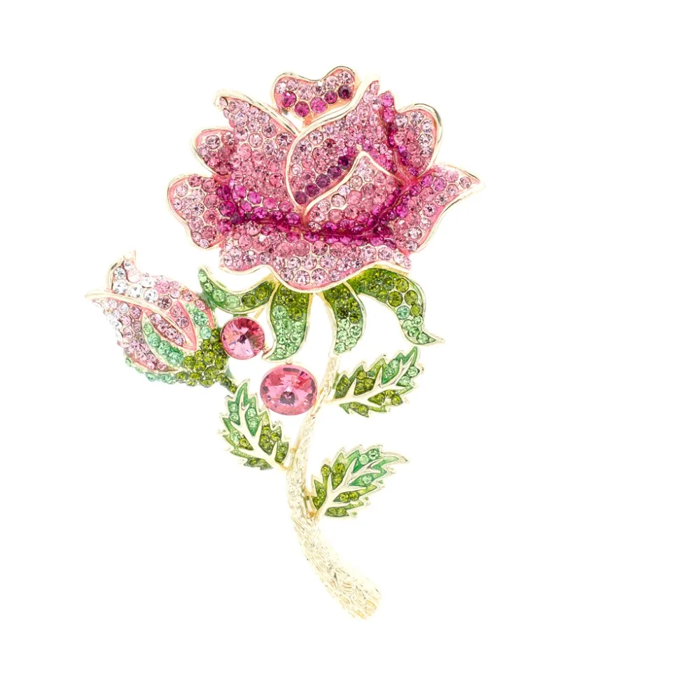 Rhinestone Crystal Big Rose Flower Leaves Bud Brooch Pin Broach For Woman  Jewelry Free shipping FA5068