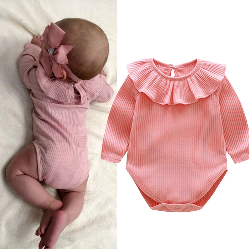 0-24M Infant Baby Girl Kids Ruffles Solid Long Sleeve Romper Jumpsuit Top Blouse