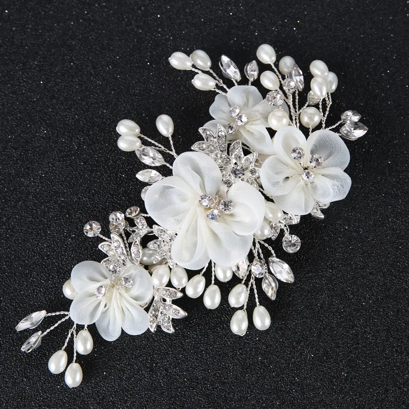 White Silk Yarn Flower Bridal Hair Clips Handmade Crystal Pearl Wedding
