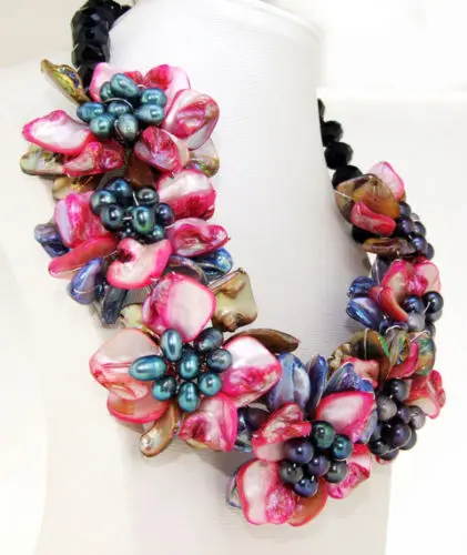 

06390 Details about Charm Blue Pink Shell Mop Freshwater Pearl FlowersBeads Necklace