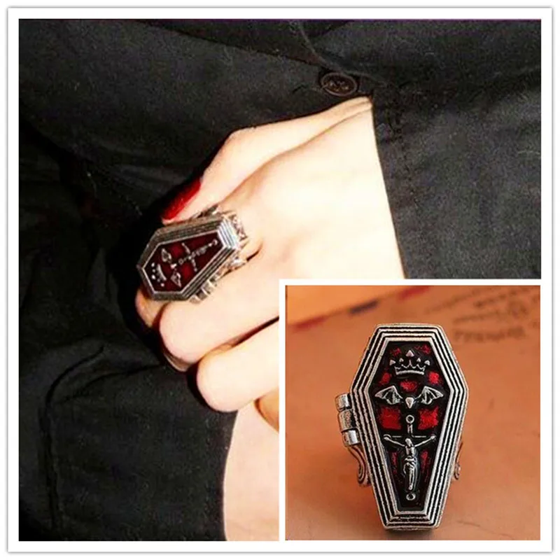 

Vintage Women Rings Alloy Cross Jesus Coffin Box Finger Rings Retro Finger Decoration Fashion Women Jewelry 4D3005