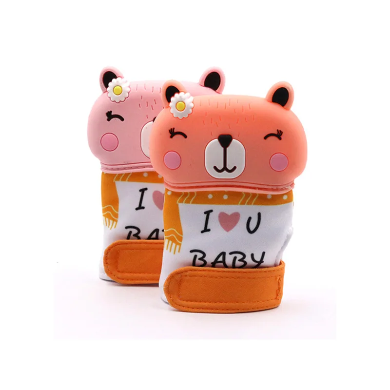 

0-2Y Baby Teether Gloves Molar Stick Non Toxic Silicone Bite Stick Cute Cartoon Pattern Print Molar Gloves Chewable Nursing Care