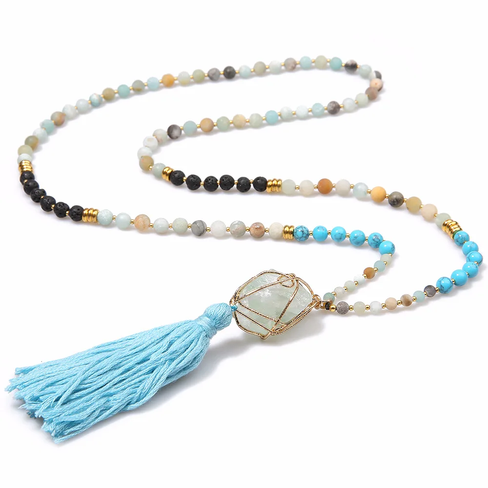 Semi-precious Bead Necklace Natural Crystal Pendant Chain Women's Long Sweater |
