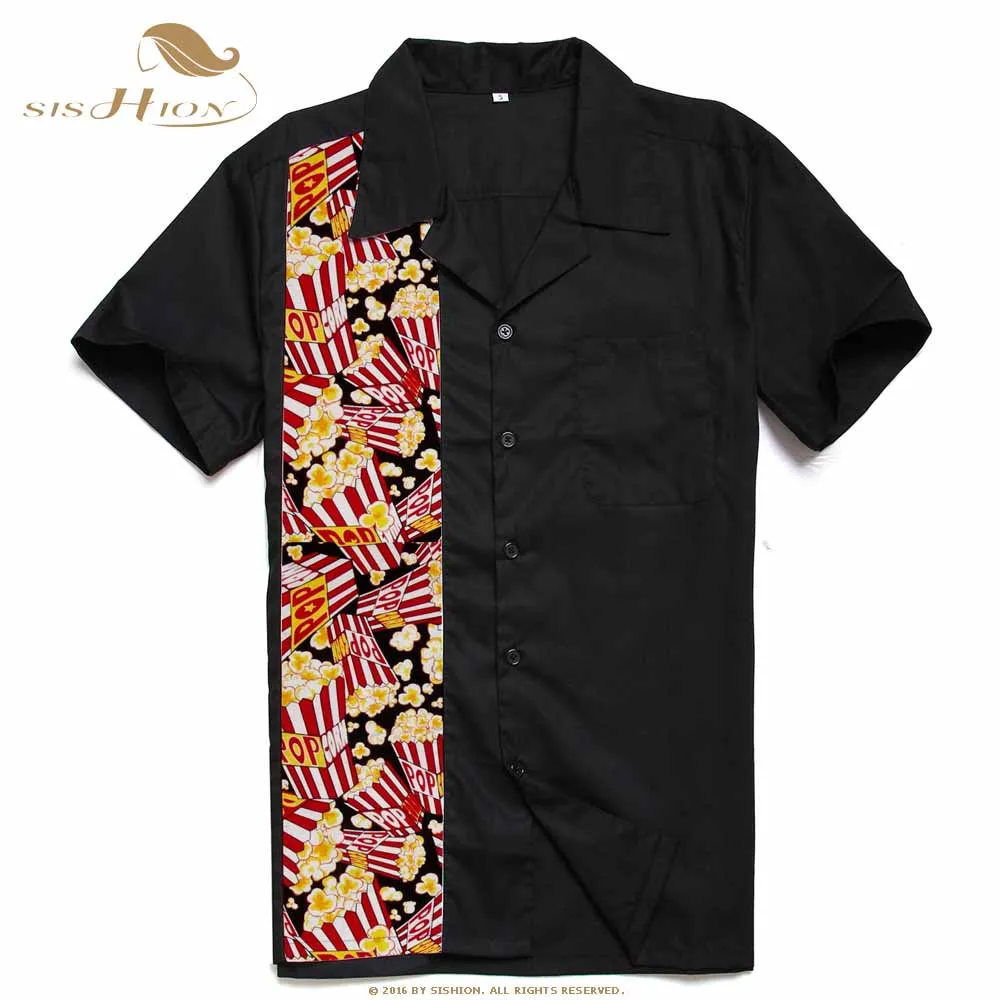 SISHION Button Up Mid-Century Inspired Men Shirt ST110 Short Sleeve Pocket Classic Retro Bowling Black Shirt camisa hombre