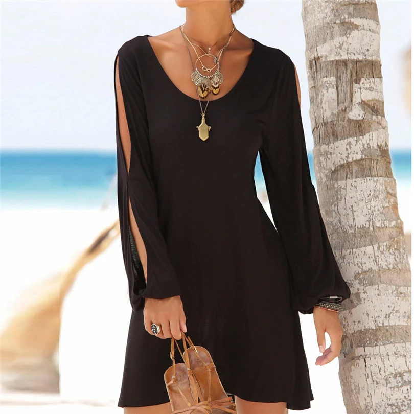 

2019 Dress Women Solid Boho Floral Long Sleeve evening Party plus size sexy maxi black Beach Mini Vestidos summer Sundress JJ15