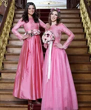 2016 New Arrival Charming Pink Lace Applique Long Sleeves A Line Taffeta Formal Long Bridesmaid Dress Muslim Hijab Arabic