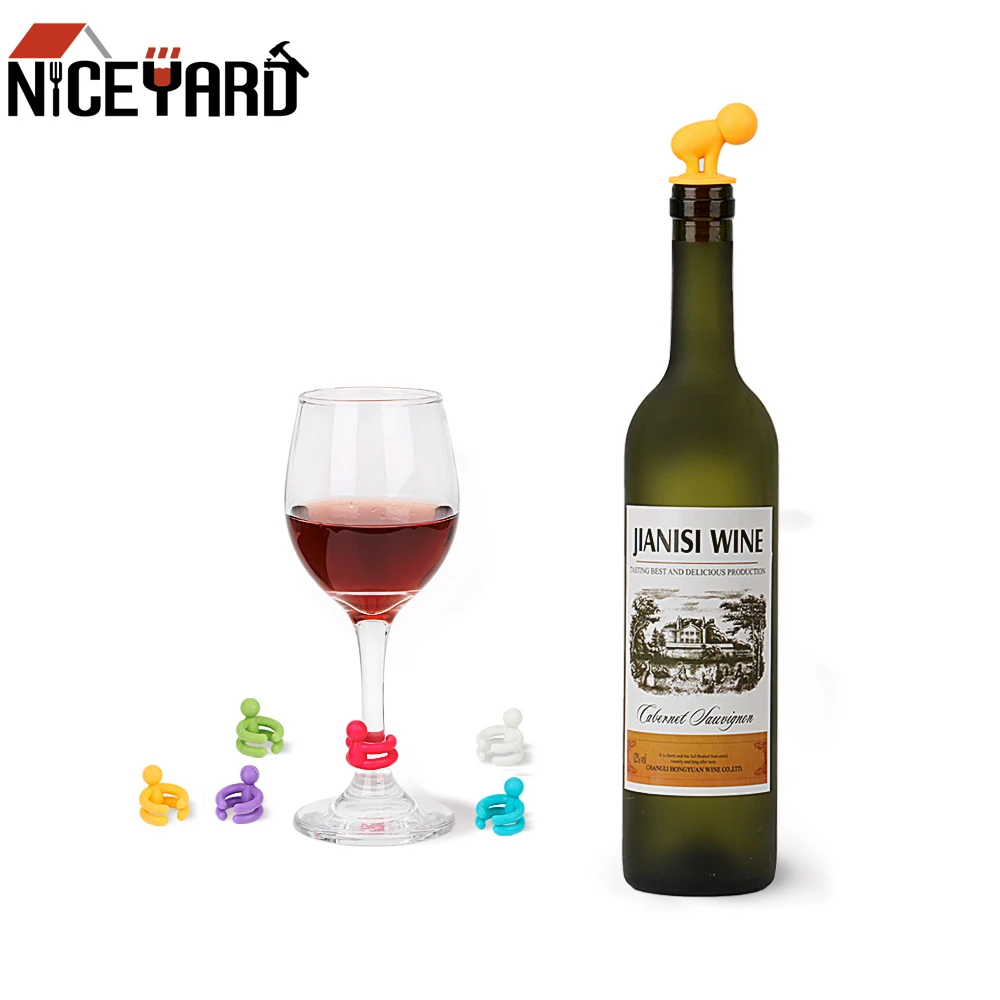 

7 pcs/set Rubber Wine Glass Label Cute Wine Bottle Stopper Drink Cup Mixproof Silicone Marker Leak Free Bar Party Supplies